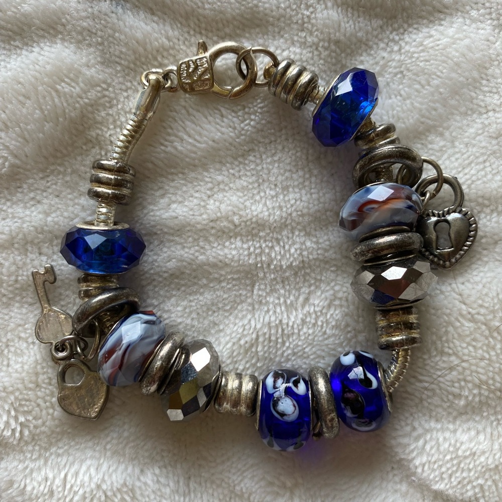 Blue beaded key and lock charm bracelet